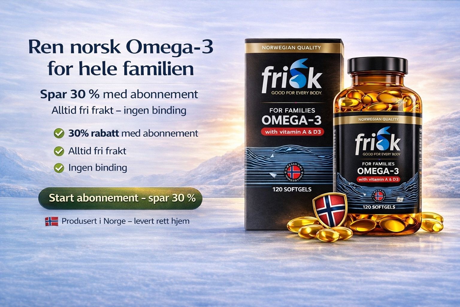 Norsk omega-3 med DHA, EPA, vitamin A og D3 som bidrar til normalt immunforsvar, normal hjertefunksjon, hjernefunksjon og syn.